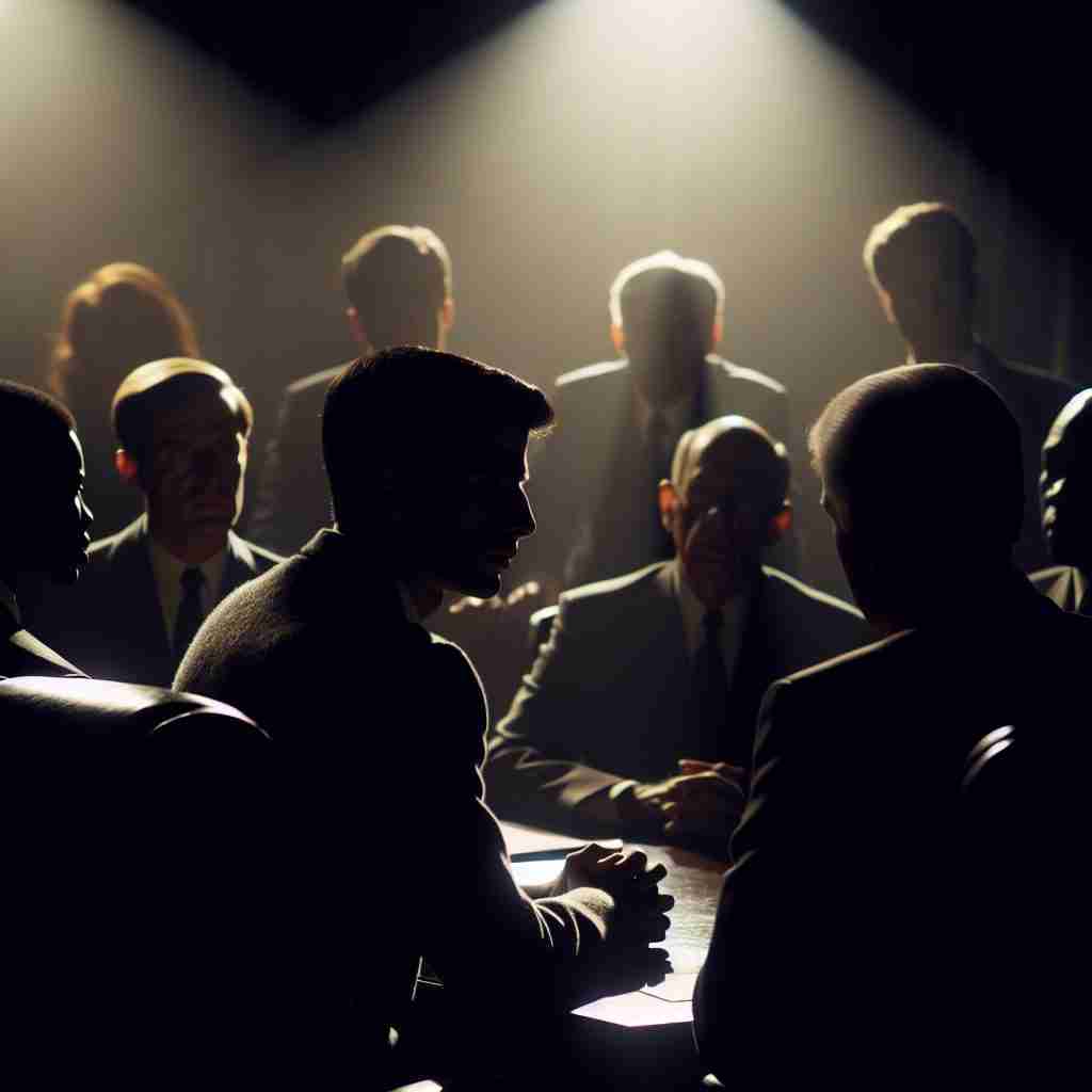 Hombres en una
reunión clandestina que refleja
el espionaje de «La chica del
tambor».