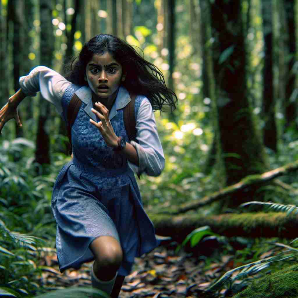 Estudiante huyendo
por un bosque que resume el
peligro de «La caza».