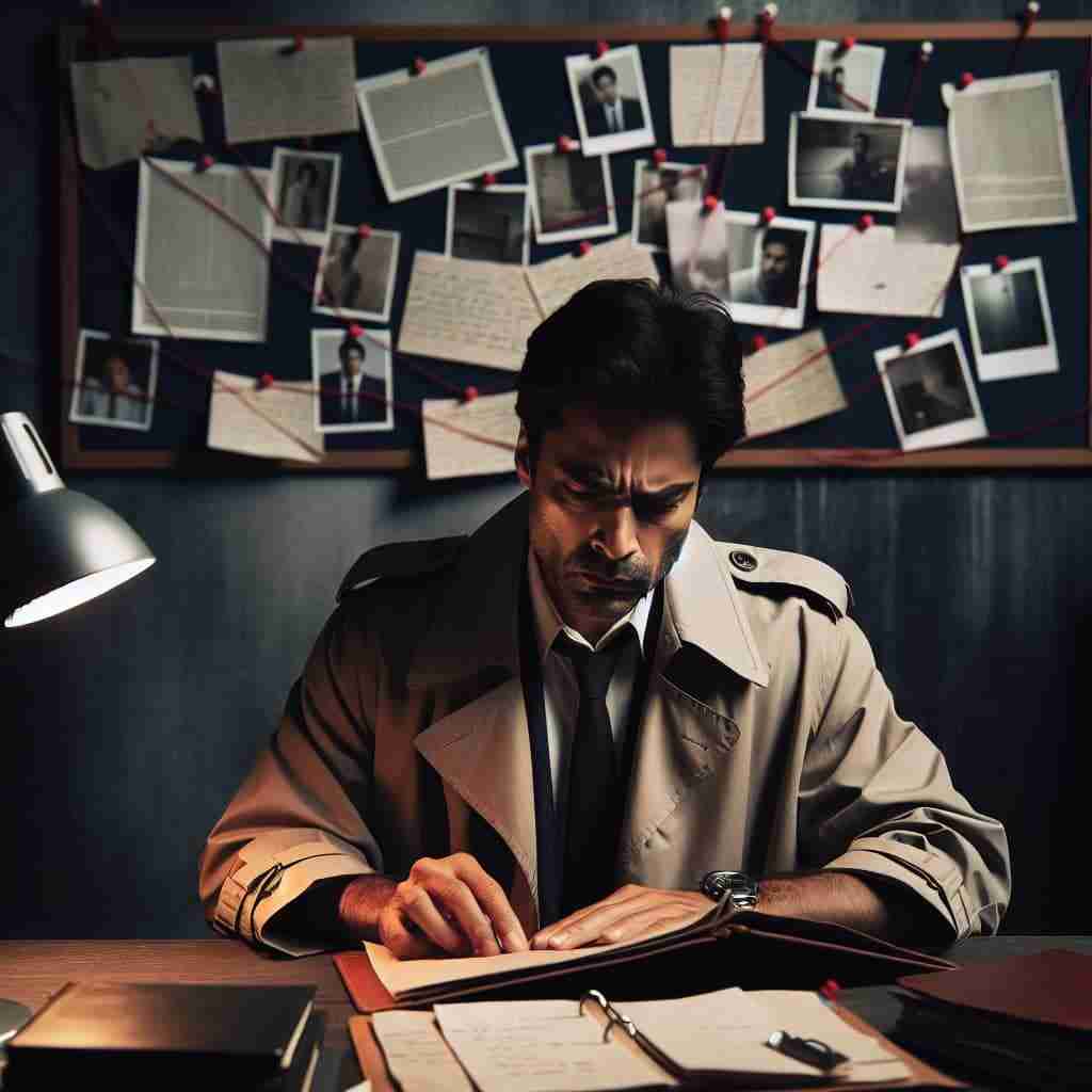 Investigador
tomando notas delante de un
tablero con fotos y pistas,
símbolo de la investigación en
«La estrategia del agua».
