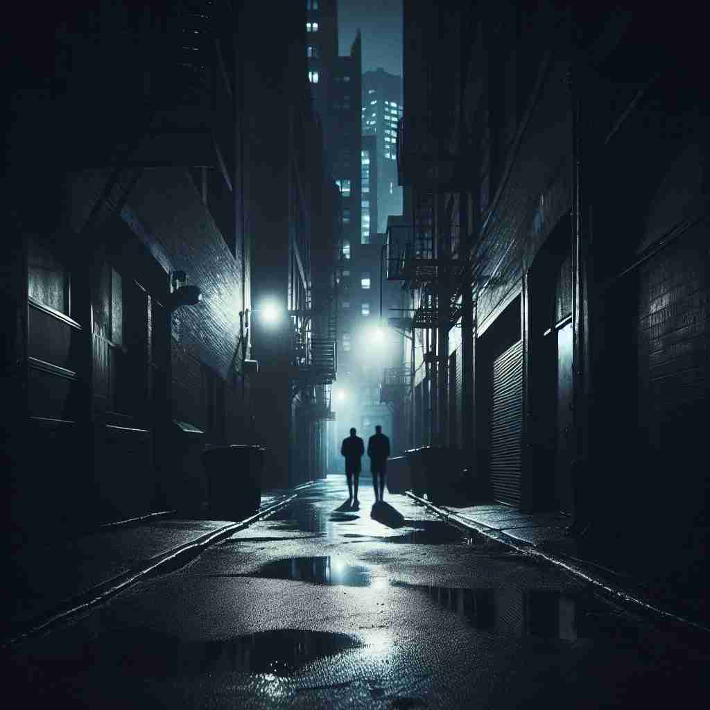 Callejón oscuro con
silueta misteriosa que sugiere el
suspense del relato.