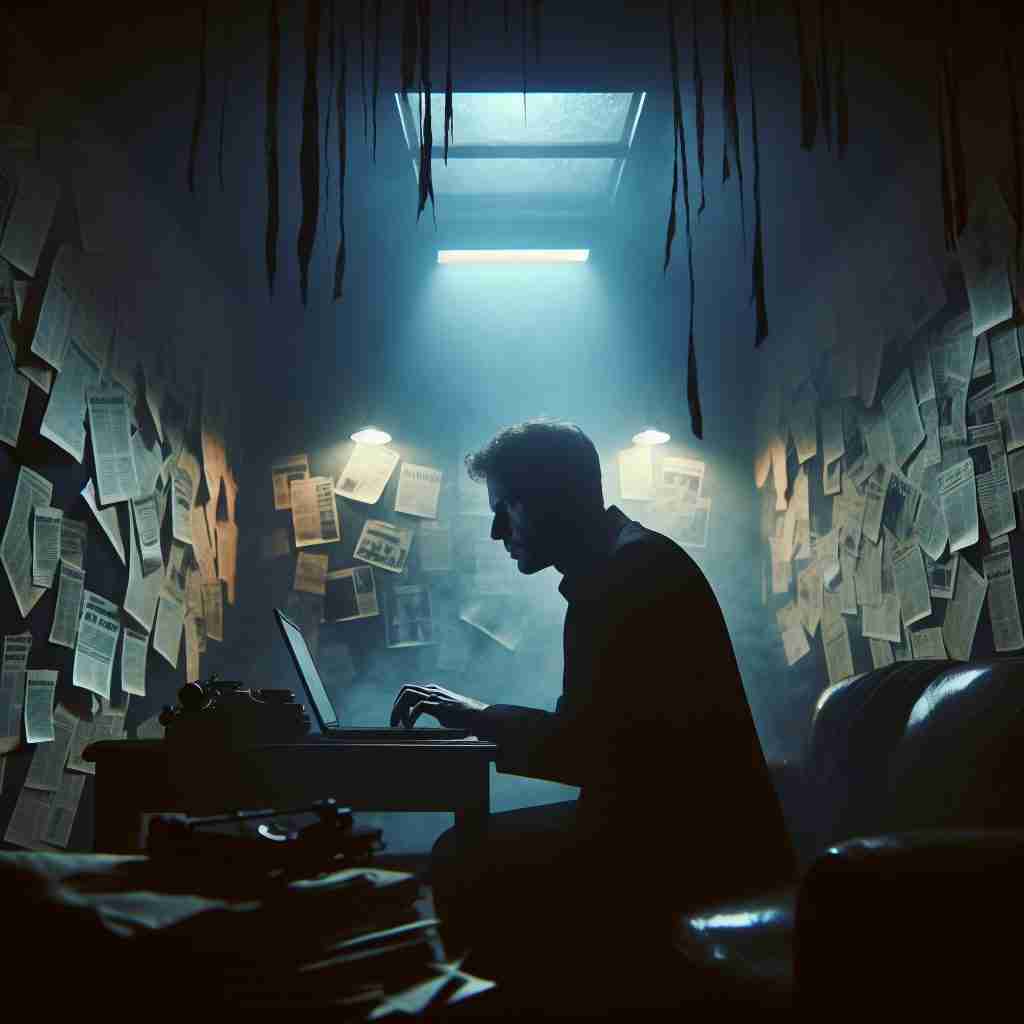 Hacker rodeado de
pistas en un cuarto oscuro que
refleja la trama de «Cicatriz».