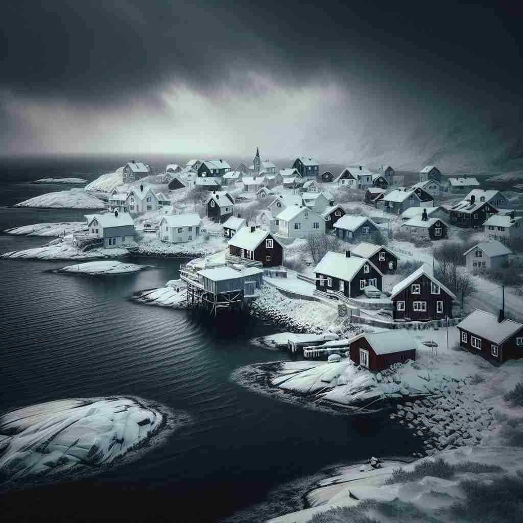 Ilustración invernal de un pueblo costero en Fjällbacka, escenario del thriller nórdico Las hijas del frío de Camilla Läckberg, donde el misterio policial y el suspense se mezclan con un ambiente helado y sombrío.