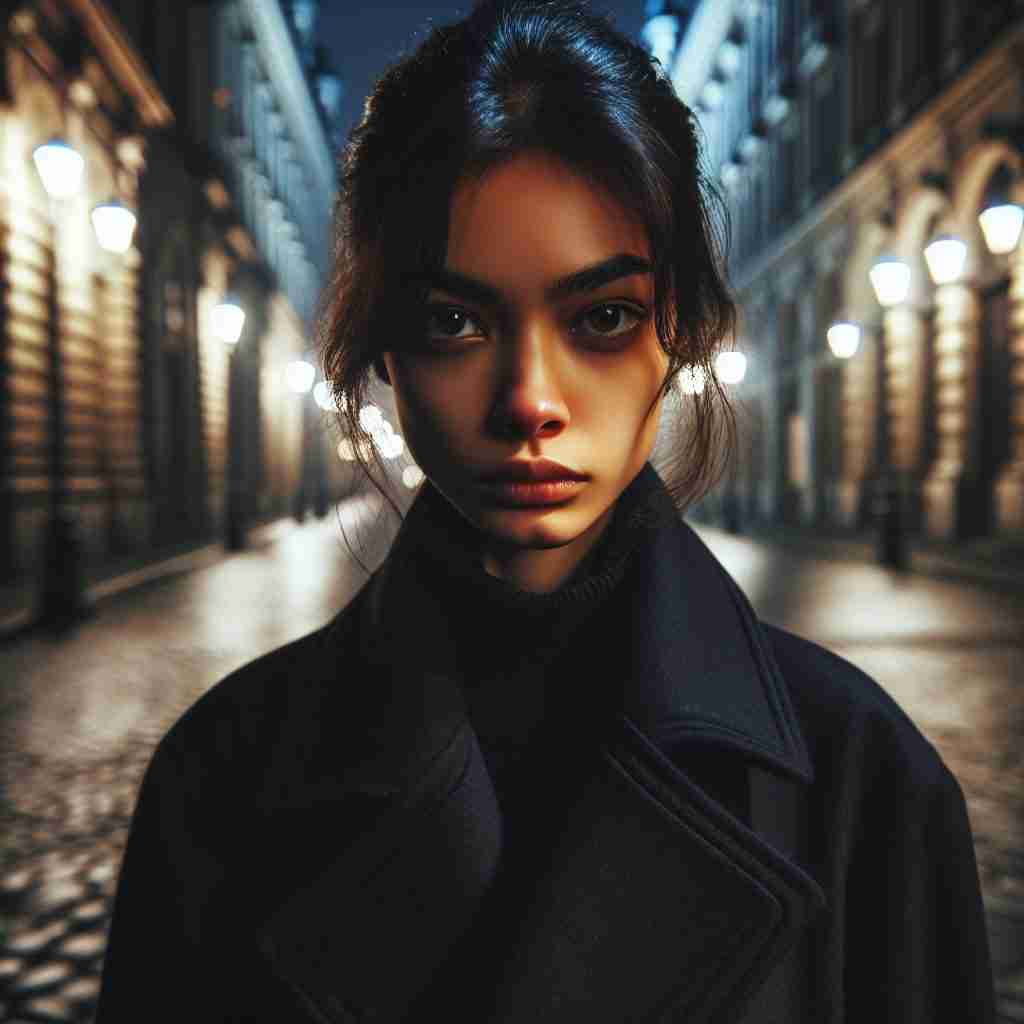 Mujer decidida
caminando por una calle
nocturna que encarna a la
protagonista del thriller.