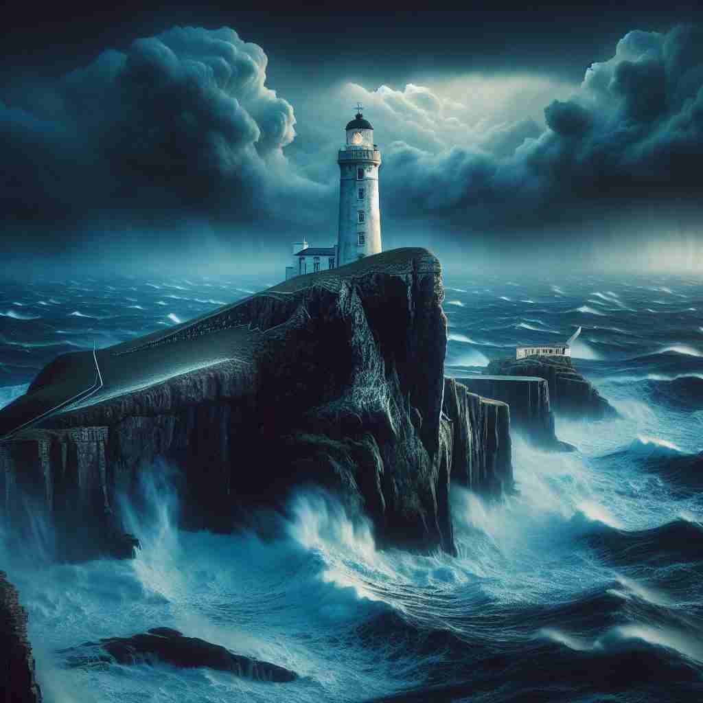 Faro sobre un islote
azotado por las olas que
representa el suspense nórdico
de «La hora de las sombras».