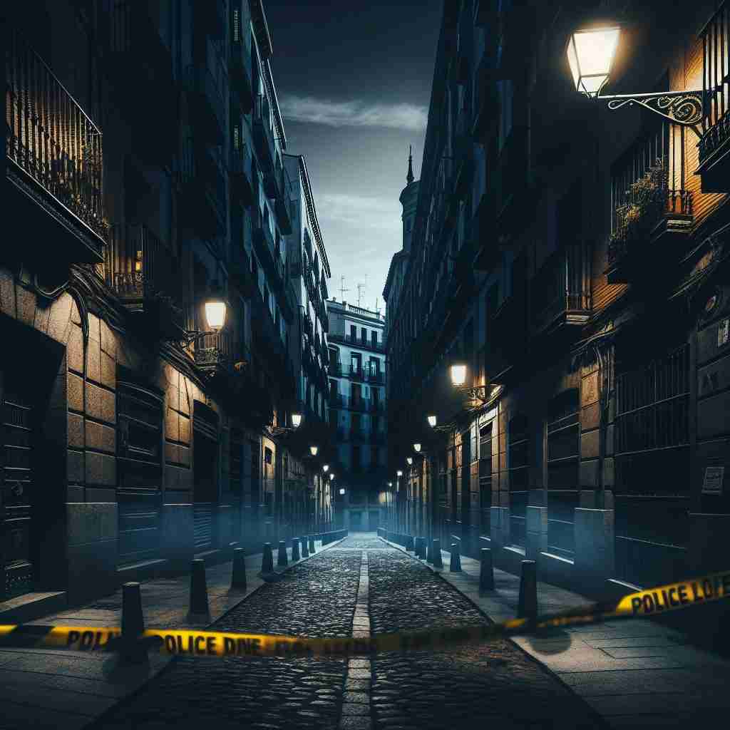 Calle de
Madrid envuelta en niebla con
cinta policial que refleja la
investigación criminal.