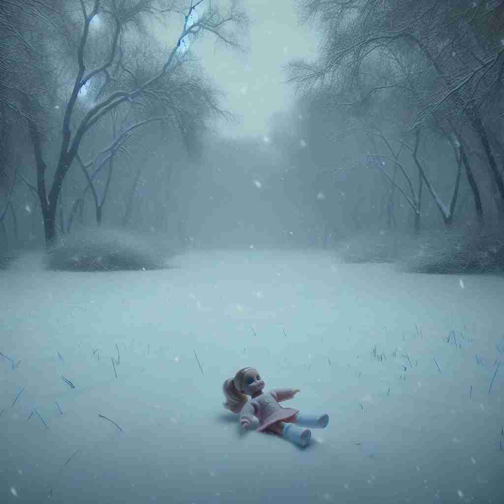 Ilustración del thriller La chica de nieve con un parque nevado de Nueva York y árboles desnudos; escena de desaparición bajo la nieve.