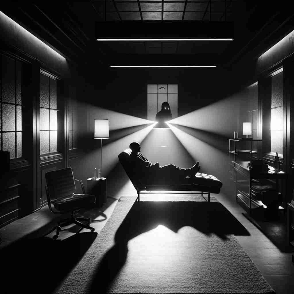 Sala de terapia en blanco y negro con paciente en un diván iluminado por la luz que se cuela, reflejando la tensión de la novela.