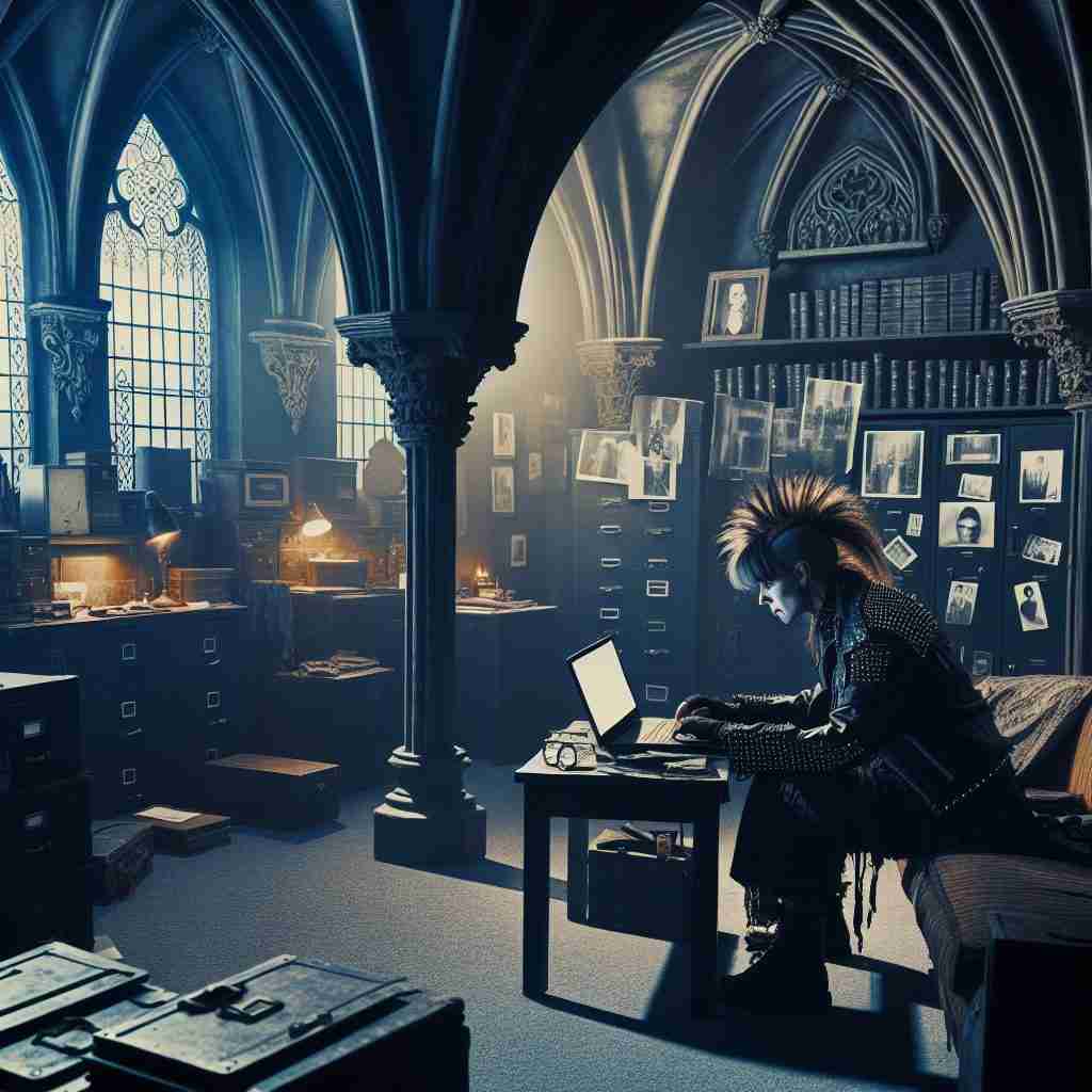 Joven hacker con cresta trabajando en un portátil en un despacho oscuro que identifica a Lisbeth Salander en «Los hombres que no amaban a las mujeres»