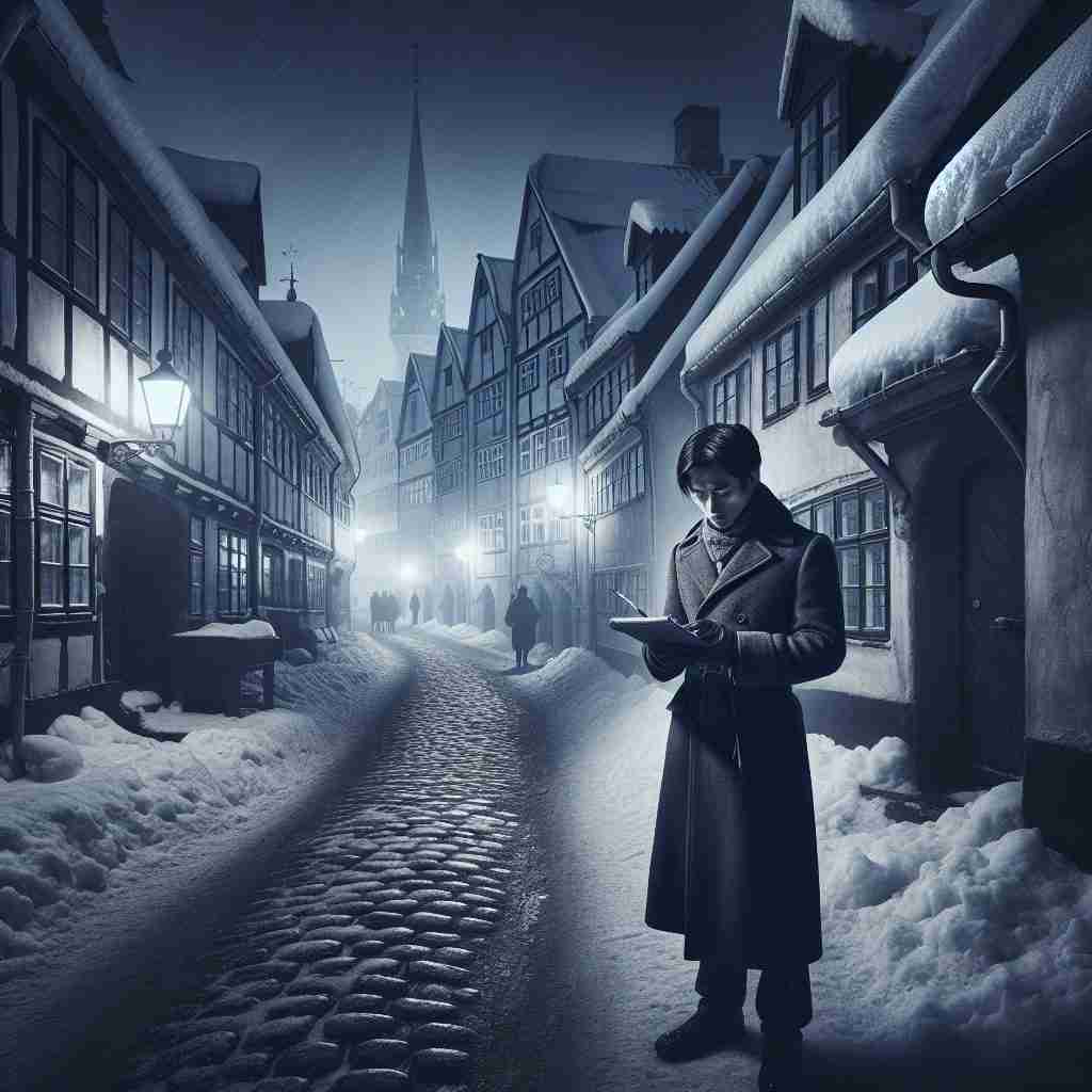 Calle adoquinada cubierta de nieve
en Suecia con un hombre revisando archivos que simboliza la investigación periodística de la novela.