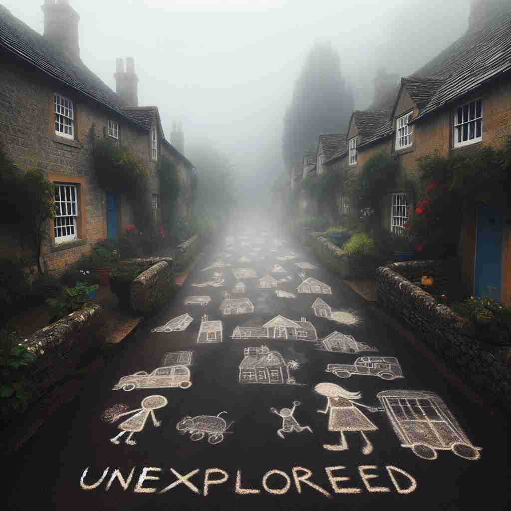 Calle de un pueblo inglés
con dibujos de tiza en la niebla del
thriller El hombre de tiza, símbolo del juego macabro.