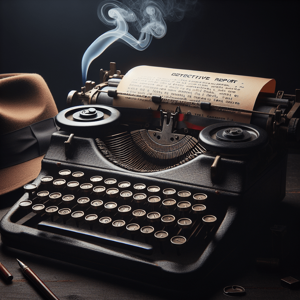 Mesa con máquina
de escribir, sombrero y humo
que evoca la novela negra de
«La mala suerte».