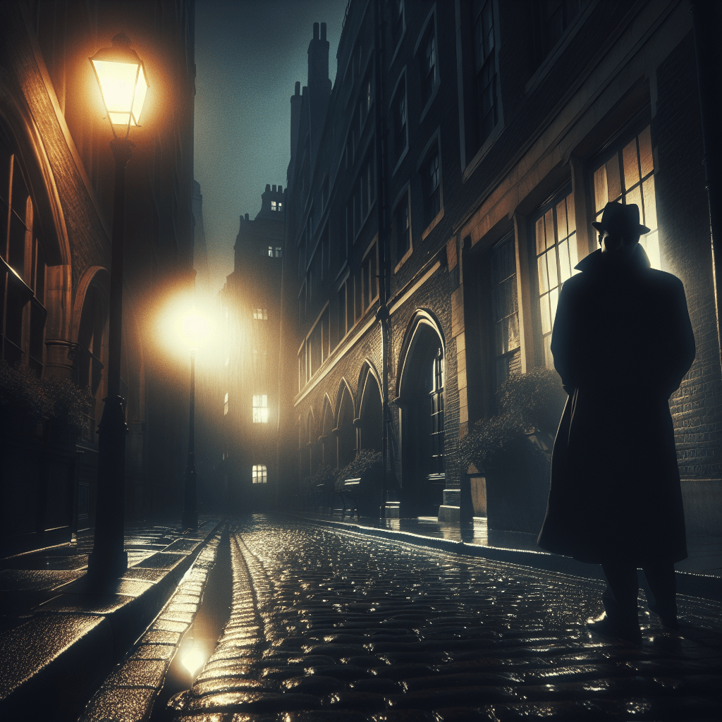 Callejón tenebroso con figura
con gabardina que destaca el
suspense del libro.