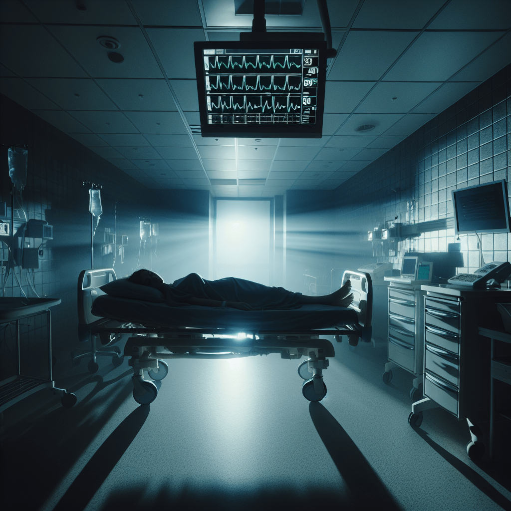 Una mujer en coma en una cama de hospital, representando a la protagonista de "A veces miento" de Alice Feeney. La oscura y misteriosa atmósfera del pasillo refleja el suspense del thriller psicológico.