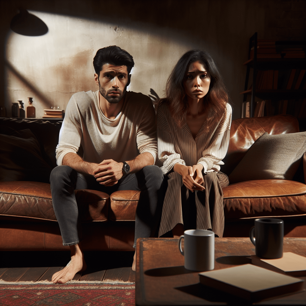 Pareja en el sofá con
gesto tenso que refleja el
suspense doméstico de «La
pareja de al lado».