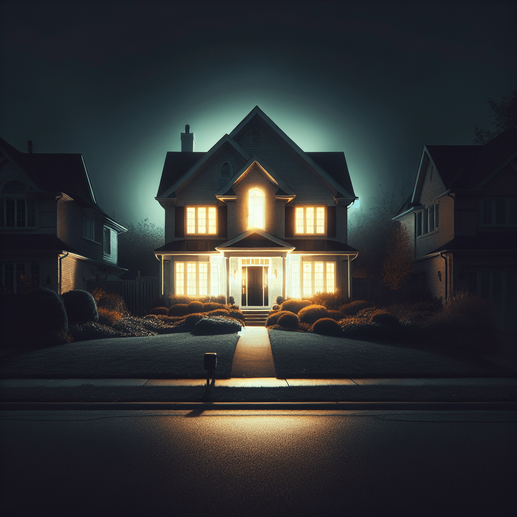 Casa suburbana iluminada por
la noche que sugiere los
secretos del thriller.