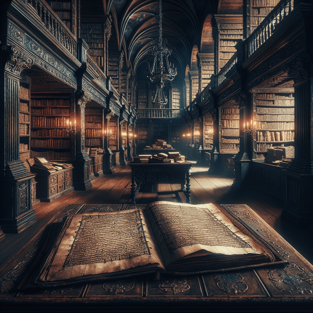 Antigua biblioteca llena de libros y manuscritos, representación del conocimiento y los secretos en El código Da Vinci.