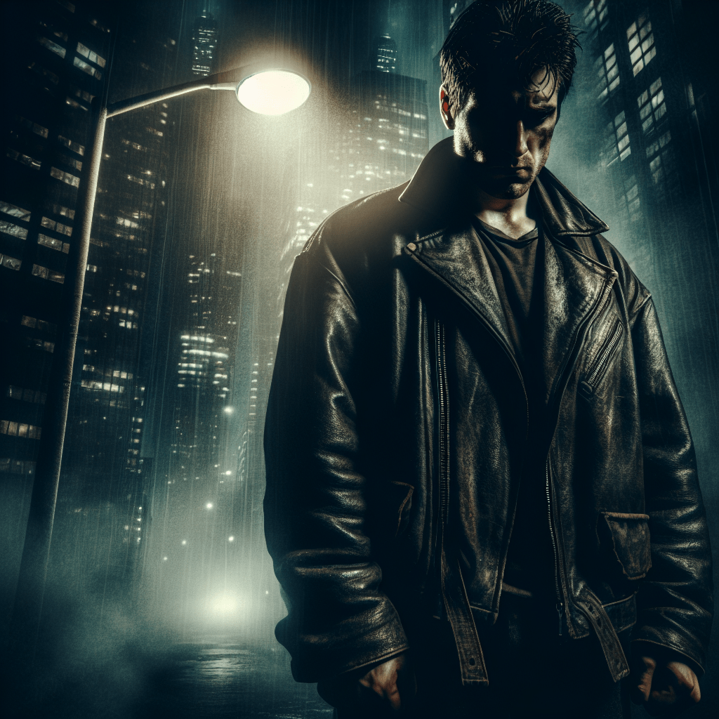 Protagonista de El Club de la Lucha en un entorno urbano y nocturno, representando la soledad y la alienación del personaje en la oscuridad de la ciudad.