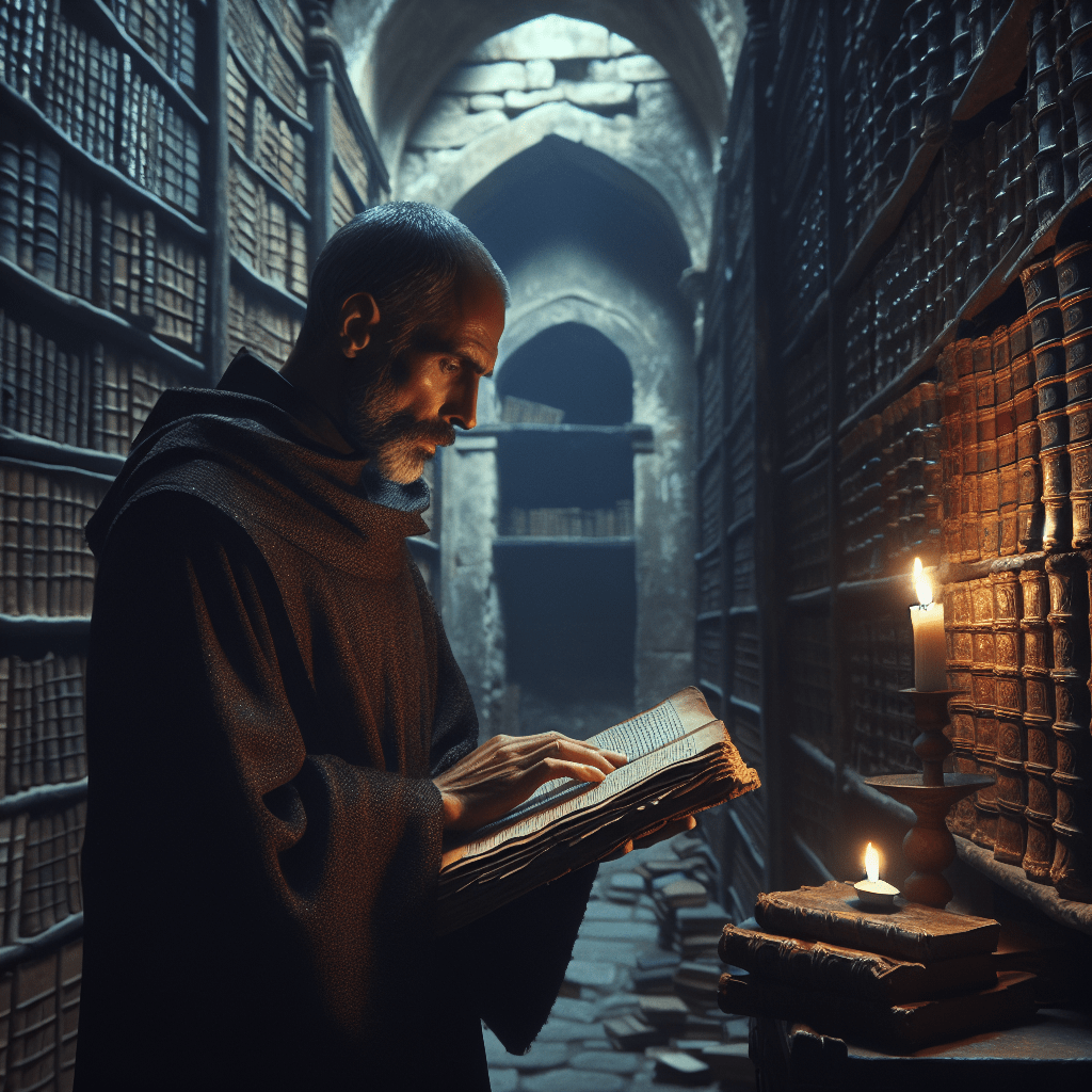 Fray Guillermo de Baskerville investigando pergaminos antiguos en una biblioteca oscura, escena clave de la novela El nombre de la Rosa de Umberto Eco