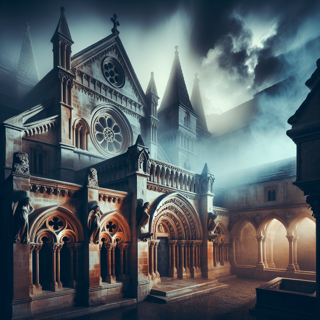 Monasterio medieval envuelto en niebla, escenario de misterio en El nombre de la rosa