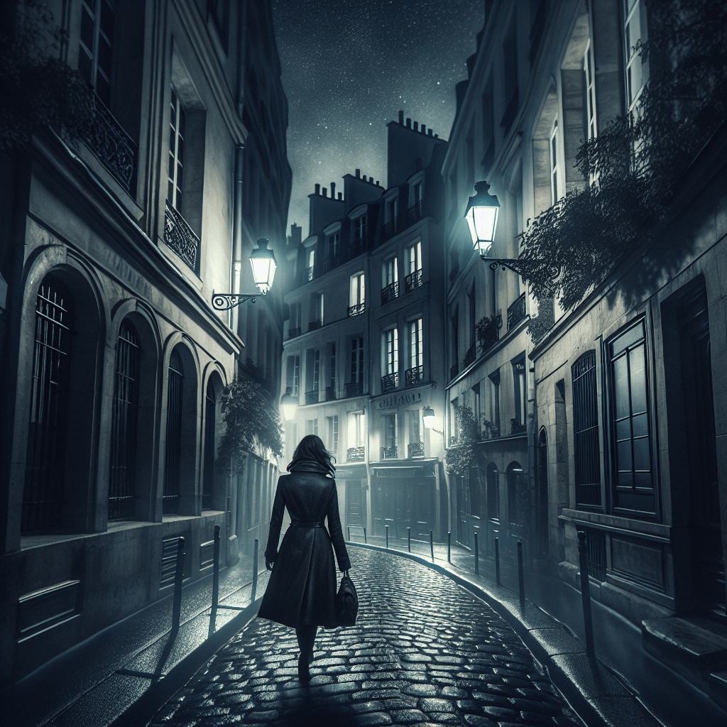 Calle parisina nocturna con
faroles que transmite la
atmósfera del thriller.