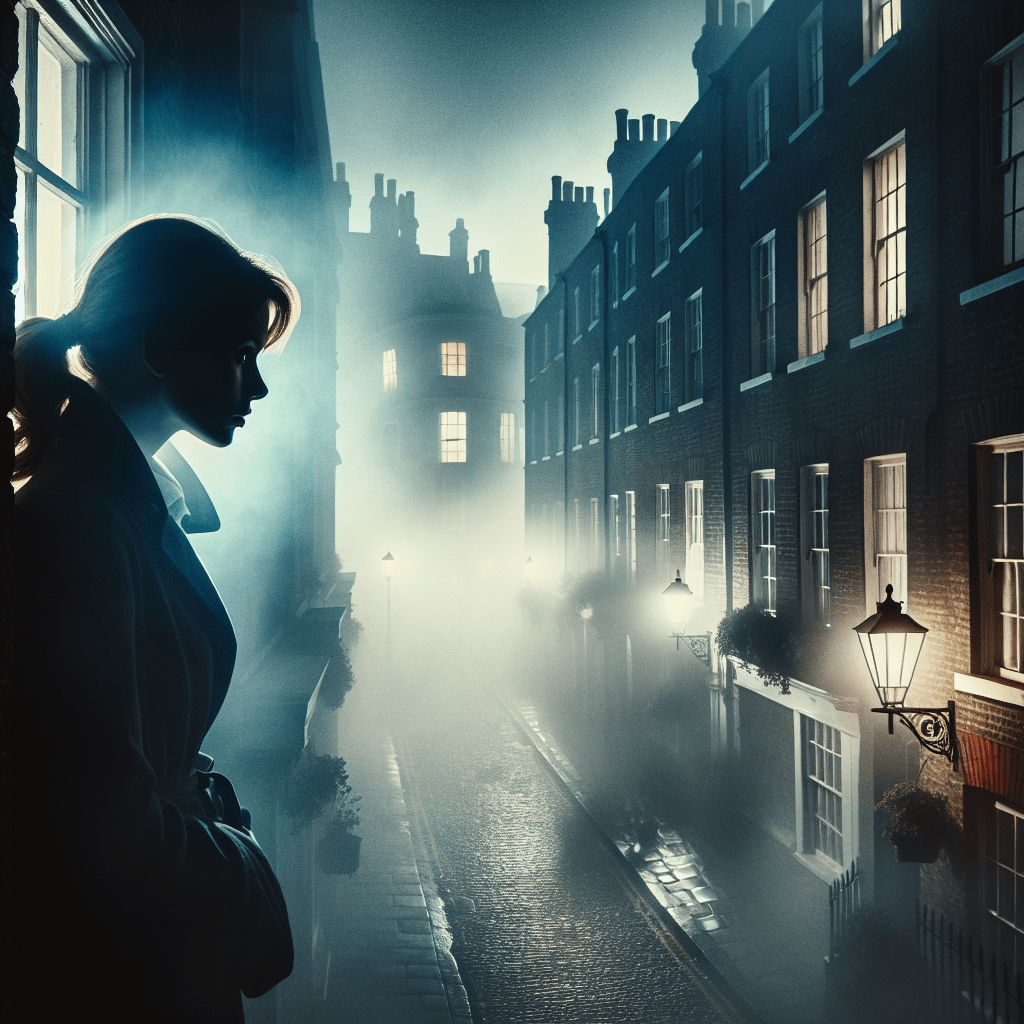 Una misteriosa silueta de mujer en la ventana de una calle londinense con niebla. Portada del thriller psicológico "A veces miento" de Alice Feeney, evocando suspense e intriga.