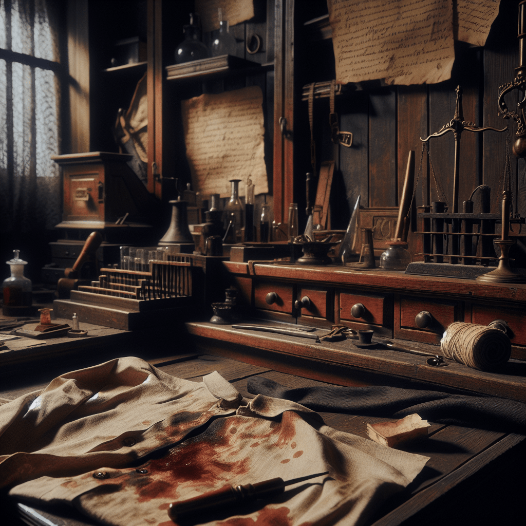 Mesa de trabajo del siglo XVIII con documentos, plumas y camisa ensangrentada, evocando el ambiente oscuro y decadente del thriller histórico “1793” de Niklas Natt och Dag ambientado en Estocolmo.