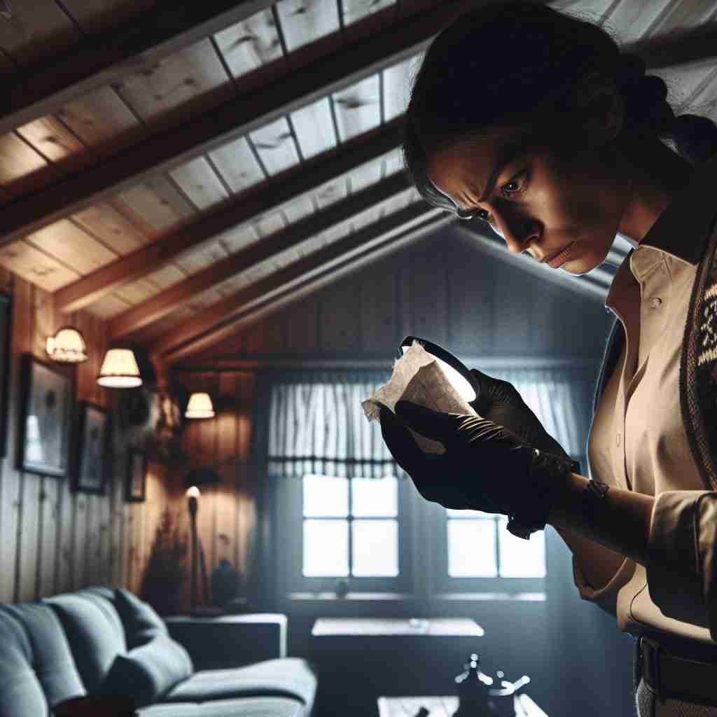 Investigadora analizando pruebas en una cabaña escandinava, escena que refleja la atmósfera de misterio y suspense en Las hijas del frío de Camilla Läckberg, un thriller nórdico ambientado en Fjällbacka.