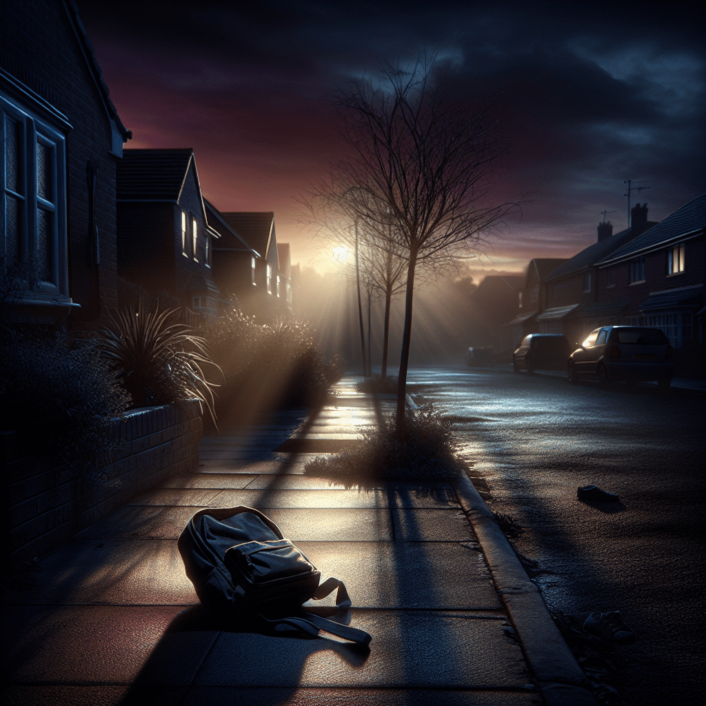 Calle suburbana al amanecer con una mochila infantil abandonada, ambientación de suspense de La cadena de Adrian McKinty