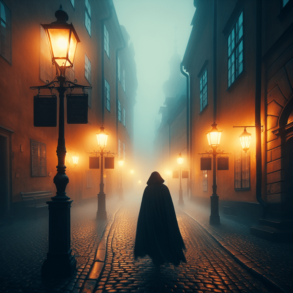 Figura solitaria con capa caminando por una calle empedrada y neblinosa de Estocolmo del siglo XVIII, reflejando la atmósfera oscura y de suspense del thriller histórico “1793” de Niklas Natt och Dag.