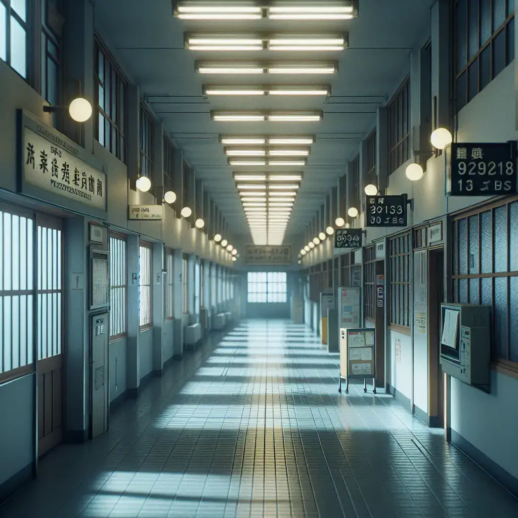 Sede de la policía prefectural japonesa en invierno; pasillos vacíos y tensión de thriller policial de la novela Seis Cuatro de Hideo Yokoyama