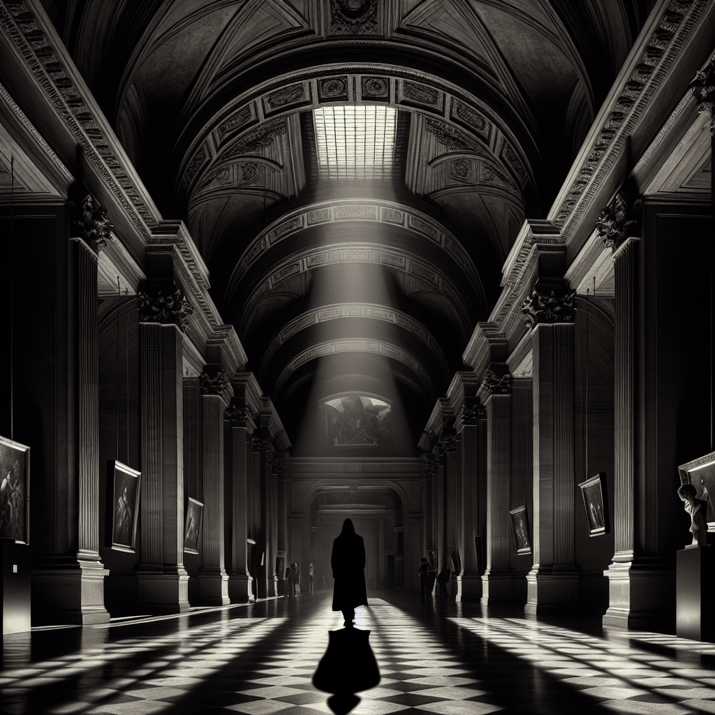 Galería del Louvre en París con figura solitaria al fondo, inspiración del misterio en El código Da Vinci de Dan Brown.