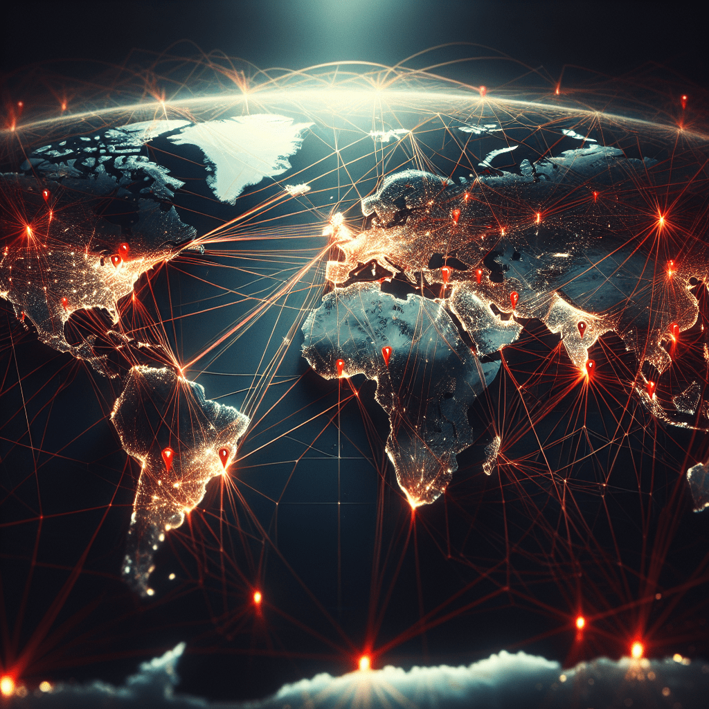 Mapa del mundo con hilos rojos conectando ciudades, representando una red internacional de espionaje de Soy Pilgrim de Terry Hayes