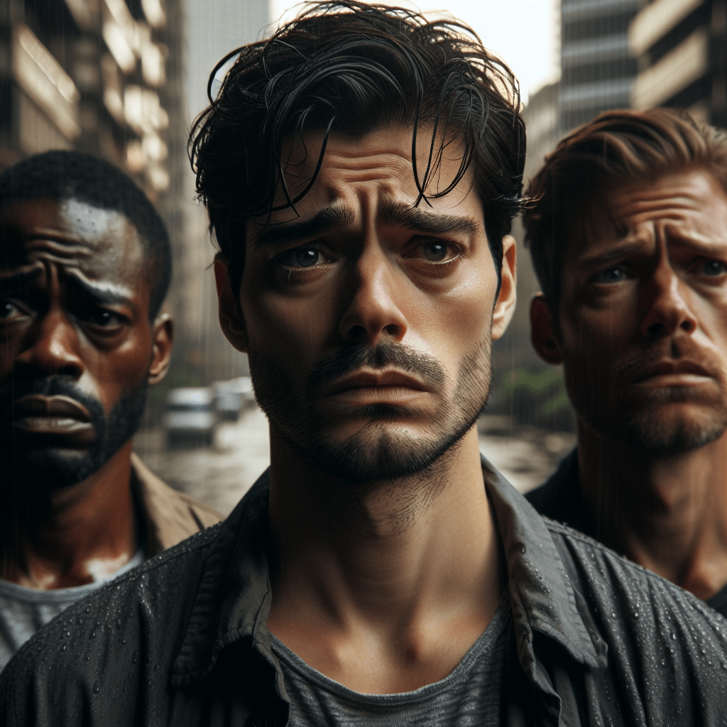 Tres hombres con expresión seria y preocupada representando a los personajes del thriller psicológico 'Mystic River' de Dennis Lehane. La imagen captura la tensión y melancolía de la historia que transcurre en las calles de Boston.