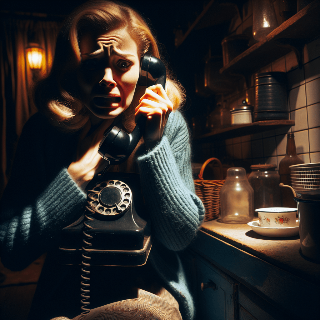 Mujer angustiada hablando por teléfono en una cocina sombría, escena de La cadena de Adrian McKinty