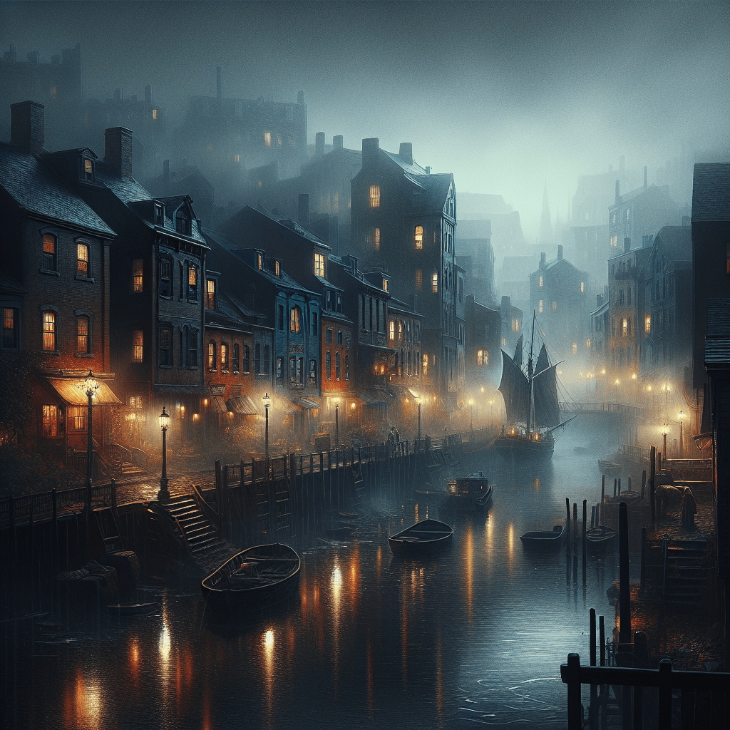 aisaje urbano nocturno y brumoso con un canal oscuro, edificios de ladrillo iluminados y botes amarrados, representando el escenario melancólico y tenso de Boston presente en la novela 'Mystic River' de Dennis Lehane.