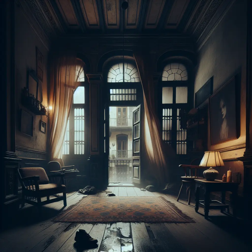 Imagen de reseña: 'El verano de los juguetes muertos' por Toni Hill. Interior de un apartamento español con ambiente misterioso