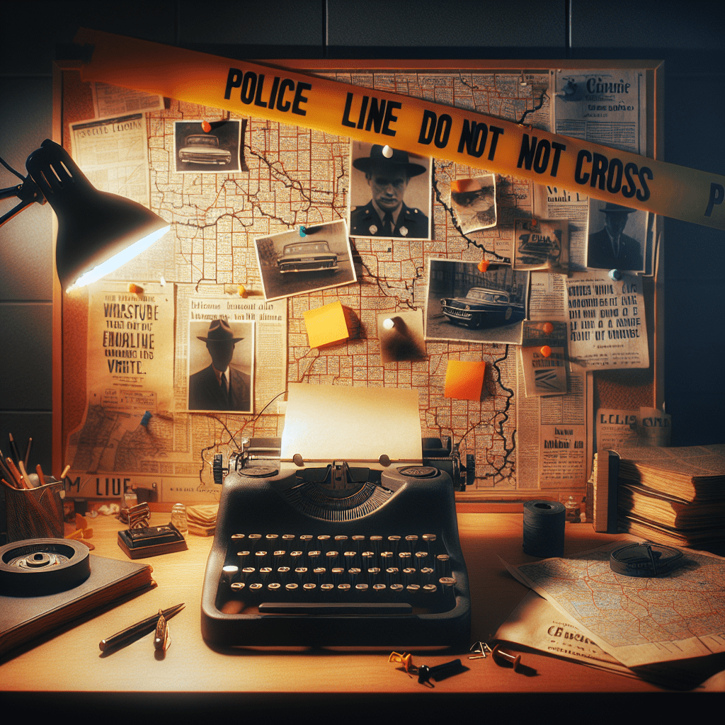 Escritorio de escritora: máquina de escribir vintage, tablero de corcho con recortes de periódico y chinchetas, mapa de Missouri del libro Heridas abiertas de Gillian Flynn