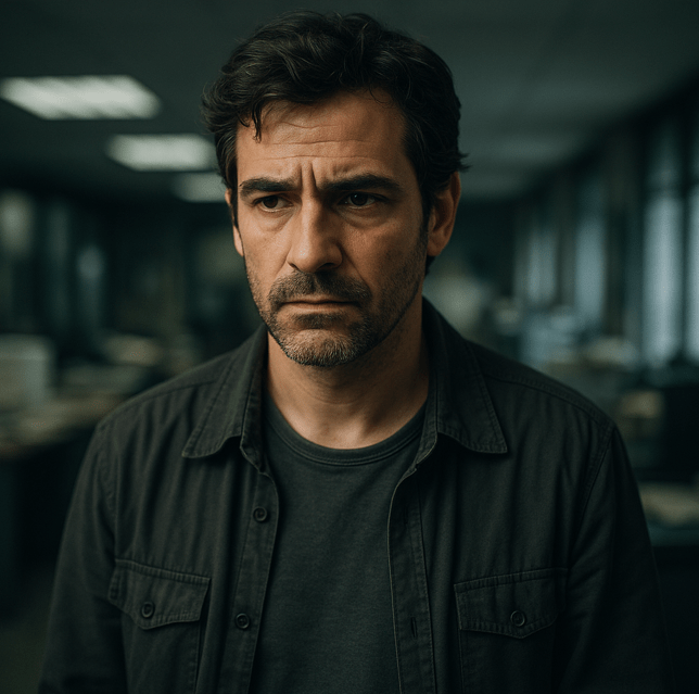 Retrato del inspector Héctor Salgado, protagonista de El verano de los juguetes muertos de Toni Hill. Hombre de mediana edad, cabello oscuro y expresión seria, en una comisaría iluminada tenuemente. Imagen que refleja la tensión y el misterio del thriller policial ambientado en Barcelona.