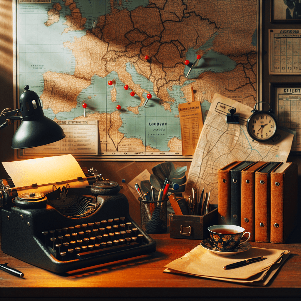 Oficina de investigador con mapa, notas y máquina de escribir; ambiente de thriller policial y crimen en Londres de El canto del cuco de Robert Galbraith