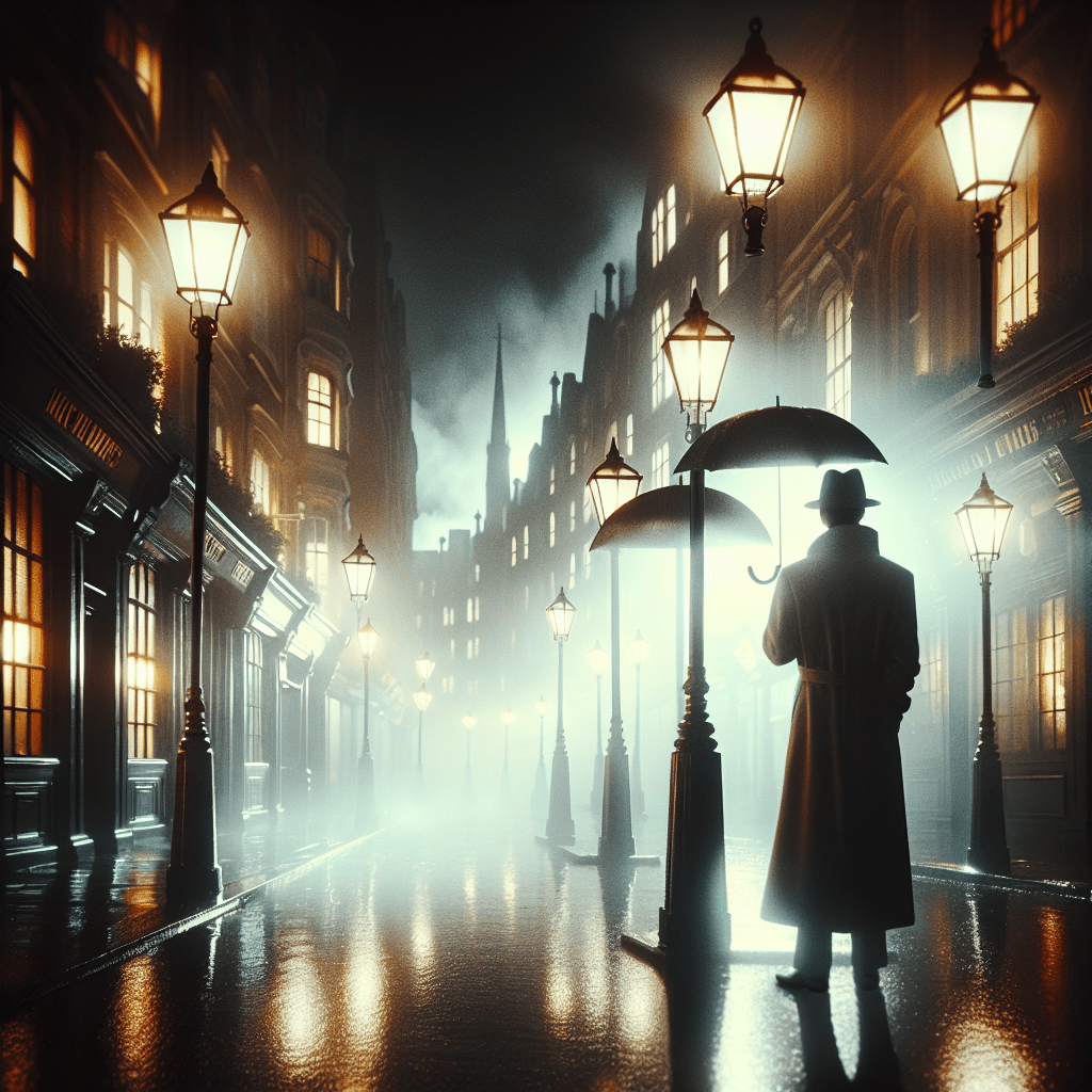 Calles de Londres de noche con lluvia ligera, farolas victorianas y niebla suave inspirados en El canto del cuco de Robert Galbraith