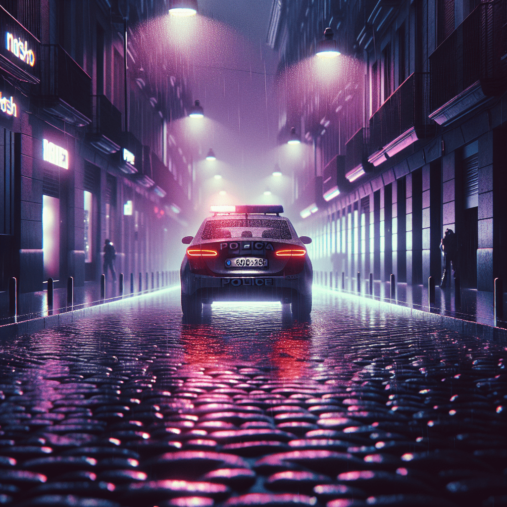 Calle de Madrid nocturna con lluvia y tonos púrpura, inspirado en La red púrpura de Carmen Mola