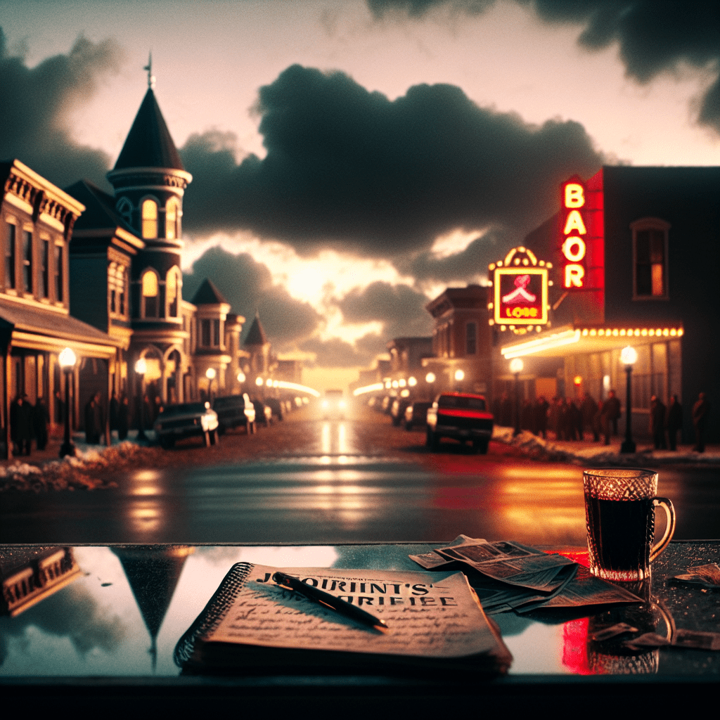 Calle de pueblo de Missouri al anochecer, atmósfera de thriller psicológico y misterio en Heridas abiertas de Gillian Flynn