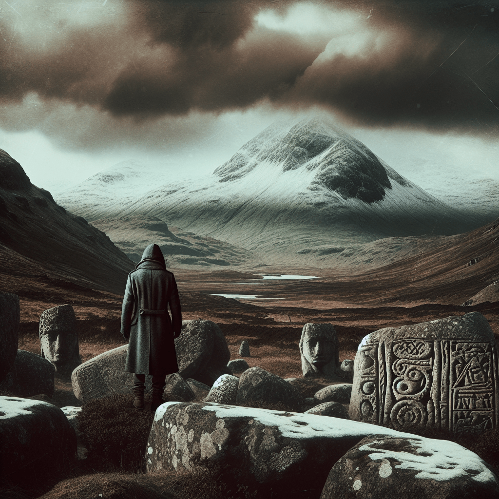 Monte nevado y rocas antiguas bajo cielo tormentoso, imagen de misterio y thriller histórico esotérico basado en El ángel perdido de Javier Sierra