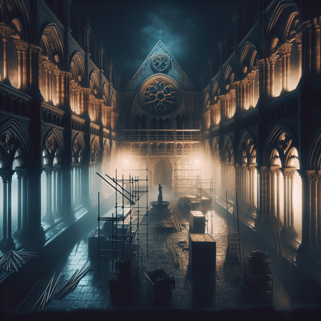 Claustro gótico en penumbra con herramientas de restauración, atmósfera de thriller histórico y misterio basado en El ángel perdido de Javier Sierra