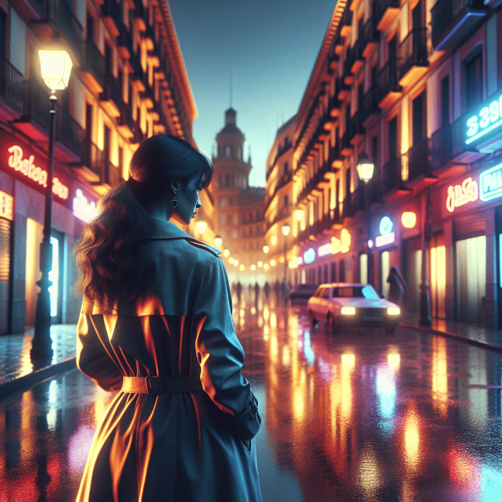 Investigadora Carol Medina en calle lluviosa con neón, atmósfera noir española, escena de las voces de Carol de Clara Peñalver
