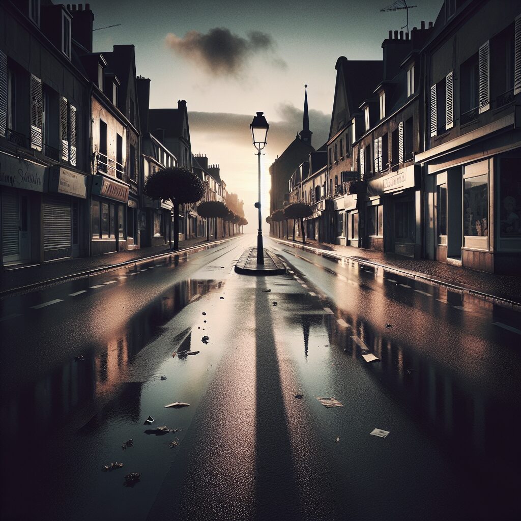 Fotografía de estilo cinematográfico de un pequeño pueblo costero al anochecer: la calle principal vacía, el asfalto húmedo brillando bajo la luz tenue y las sirenas policiales reflejándose a lo lejos en los escaparates. Una escena cargada de suspense que evoca el ambiente enrarecido de un thriller en una comunidad aislada