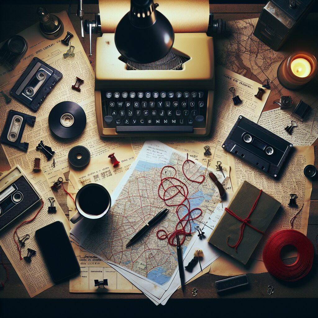 Plano cenital y atmosférico del escritorio abarrotado de un detective: carpetas de un caso abierto, mapas con chinchetas y hilos rojos que conectan pistas, cintas de casete y notas mecanografiadas esparcidas por la superficie. Una escena llena de tensión y misterio que evoca la investigación central de La desaparición de Stephanie Mailer.