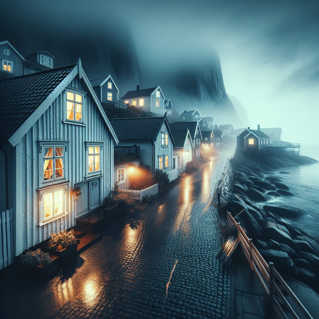 Fotografía cinematográfica al amanecer en el pueblo costero escandinavo de Fjällbacka, con una densa niebla deslizándose sobre los acantilados de granito y reflejándose en los muelles mojados. Las boathouses de madera, alineadas frente al mar, crean una atmósfera nórdica cargada de misterio y luz suave. Una escena perfecta para capturar la esencia del paisaje sueco, el dramatismo del clima y el encanto del litoral escandinavo.