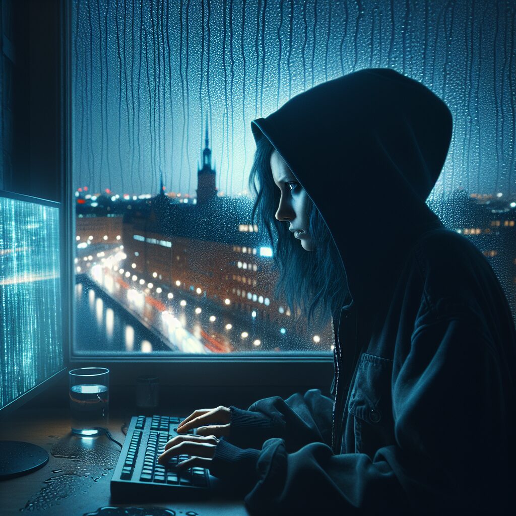 Hacker solitaria frente a la pantalla en un apartamento oscuro de Estocolmo, atmósfera de thriller de novela negra escandinava